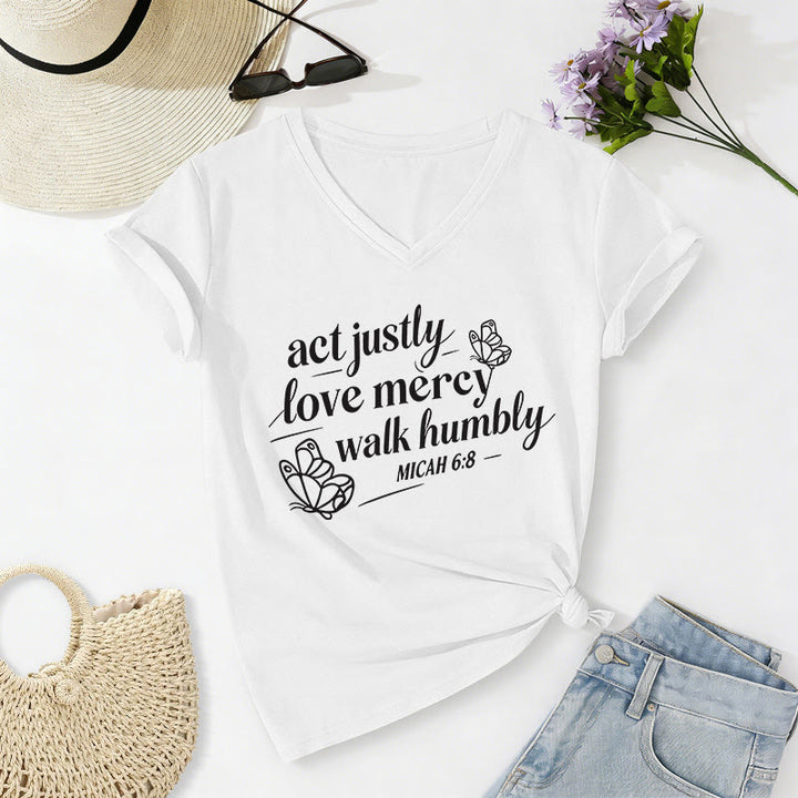 Christianartworkshop Act Justly Love Mercy Walk Humbly Micah 6:8 Butterfly Print Casual V-neck T-shirt - White - 2XL - image 8