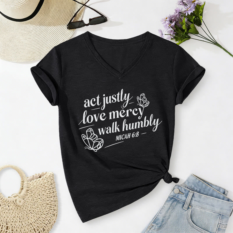 Christianartworkshop Act Justly Love Mercy Walk Humbly Micah 6:8 Butterfly Print Casual V-neck T-shirt - Black - 2XL - image 12