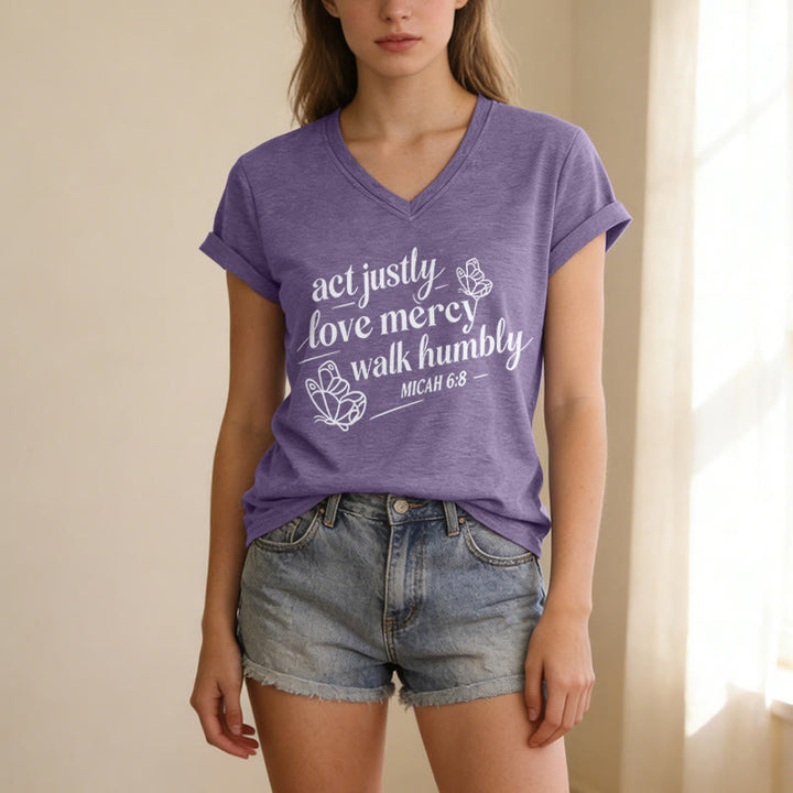 Christianartworkshop Act Justly Love Mercy Walk Humbly Micah 6:8 Butterfly Print Casual V-neck T-shirt - image 17