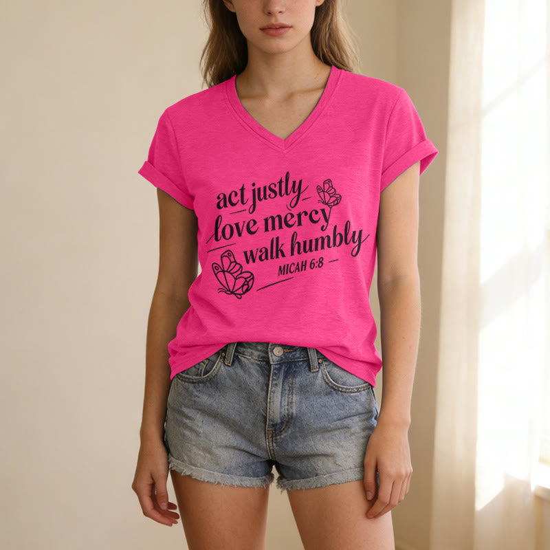Christianartworkshop Act Justly Love Mercy Walk Humbly Micah 6:8 Butterfly Print Casual V-neck T-shirt - image 25