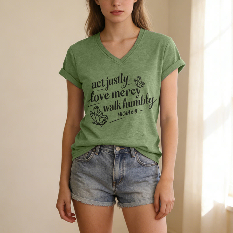 Christianartworkshop Act Justly Love Mercy Walk Humbly Micah 6:8 Butterfly Print Casual V-neck T-shirt - image 7