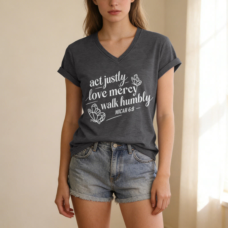 Christianartworkshop Act Justly Love Mercy Walk Humbly Micah 6:8 Butterfly Print Casual V-neck T-shirt - image 21