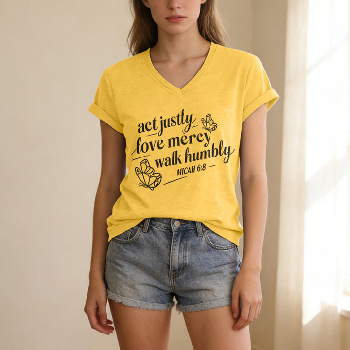 Christianartworkshop Act Justly Love Mercy Walk Humbly Micah 6:8 Butterfly Print Casual V-neck T-shirt - image 5