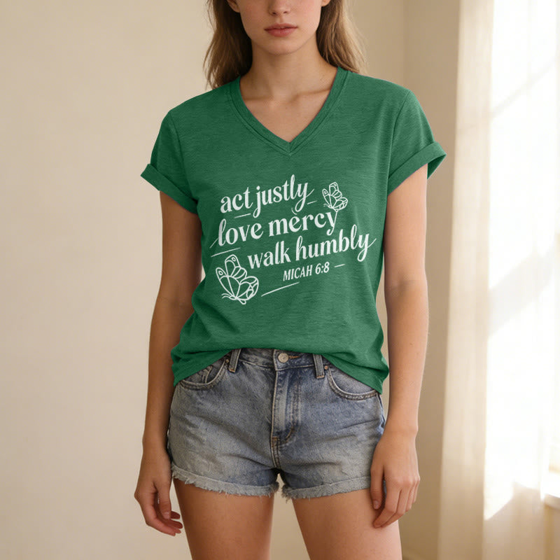 Christianartworkshop Act Justly Love Mercy Walk Humbly Micah 6:8 Butterfly Print Casual V-neck T-shirt - image 15