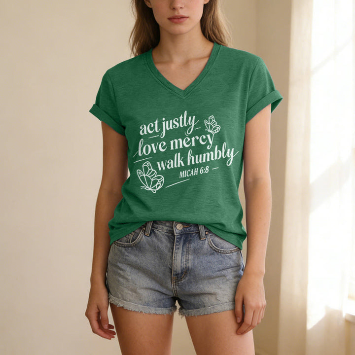 Christianartworkshop Act Justly Love Mercy Walk Humbly Micah 6:8 Butterfly Print Casual V-neck T-shirt - image 15