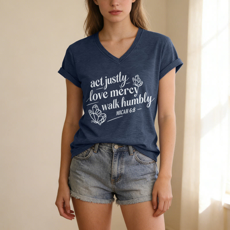 Christianartworkshop Act Justly Love Mercy Walk Humbly Micah 6:8 Butterfly Print Casual V-neck T-shirt - image 19