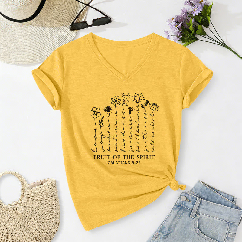 Christianartworkshop Fruit of the Spirit Galatians 5:22 Floral Print Casual V-neck T-shirt - Yellow - 2XL - image 0