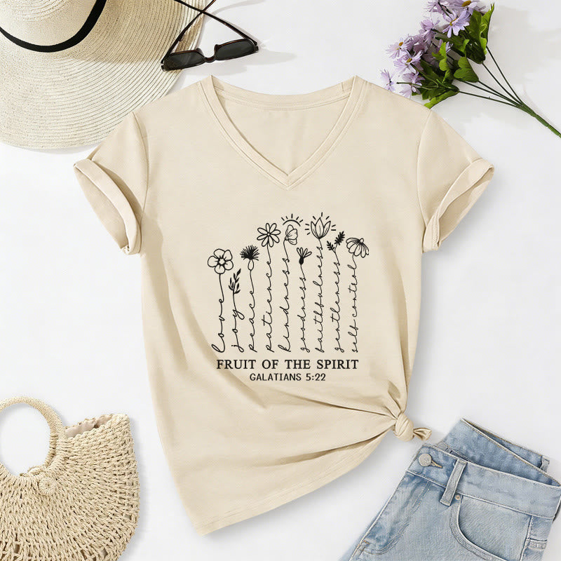 Christianartworkshop Fruit of the Spirit Galatians 5:22 Floral Print Casual V-neck T-shirt - Beige - 2XL - image 2