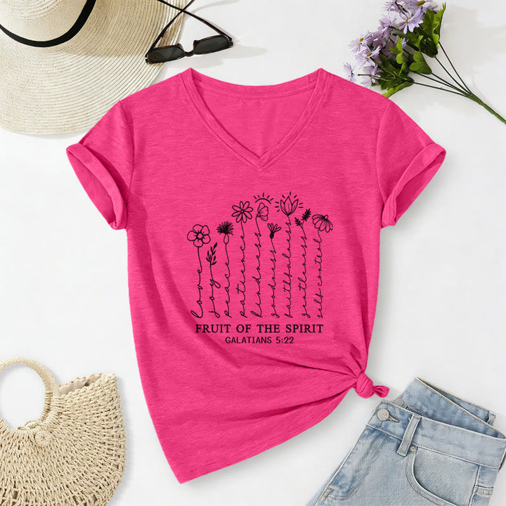 Christianartworkshop Fruit of the Spirit Galatians 5:22 Floral Print Casual V-neck T-shirt - Rose - 2XL - image 24