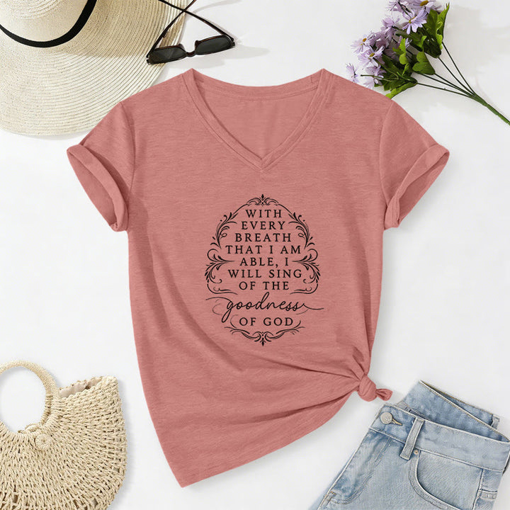 Christianartworkshop With Every Breath I Will Sing of the Goodness of God Inspirational Floral Casual V-neck T-shirt - Light Pink - 2XL - image 12
