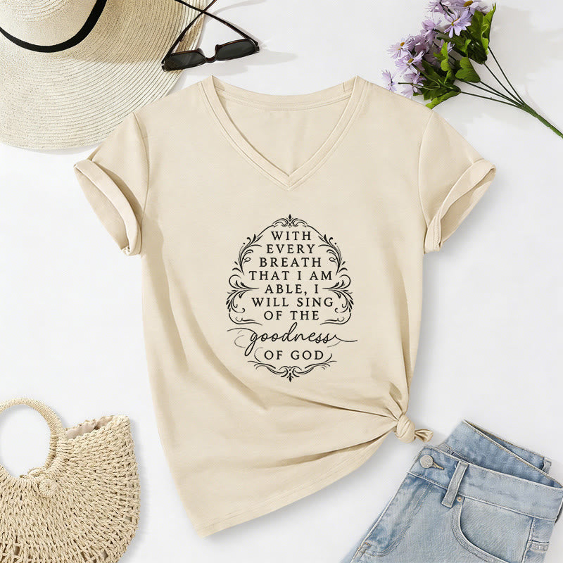 Christianartworkshop With Every Breath I Will Sing of the Goodness of God Inspirational Floral Casual V-neck T-shirt - Beige - 2XL - image 4