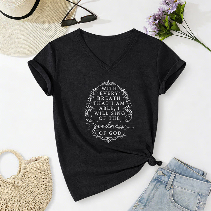 Christianartworkshop With Every Breath I Will Sing of the Goodness of God Inspirational Floral Casual V-neck T-shirt - Black - 2XL - image 14