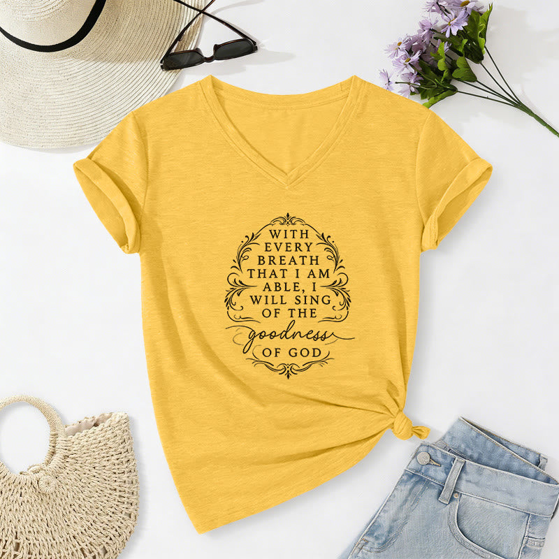 Christianartworkshop With Every Breath I Will Sing of the Goodness of God Inspirational Floral Casual V-neck T-shirt - Yellow - 2XL - image 2
