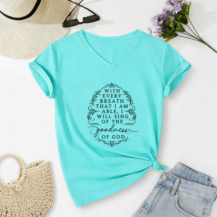 Christianartworkshop With Every Breath I Will Sing of the Goodness of God Inspirational Floral Casual V-neck T-shirt - Sky Blue - 2XL - image 10