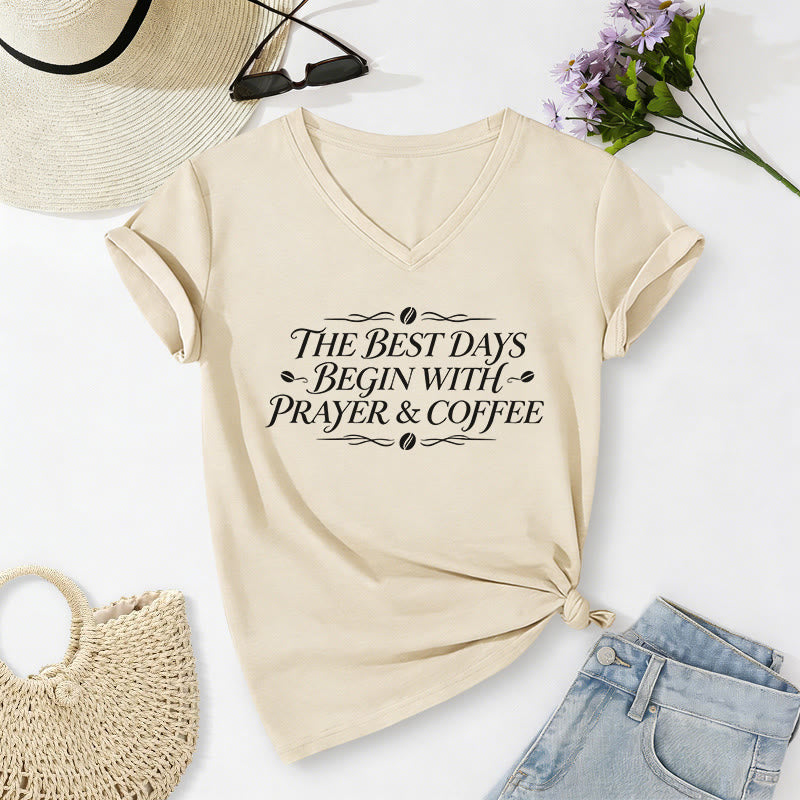 Christianartworkshop The Best Days Begin With Prayer & Coffee Casual V-neck T-shirt - Beige - 2XL - image 6