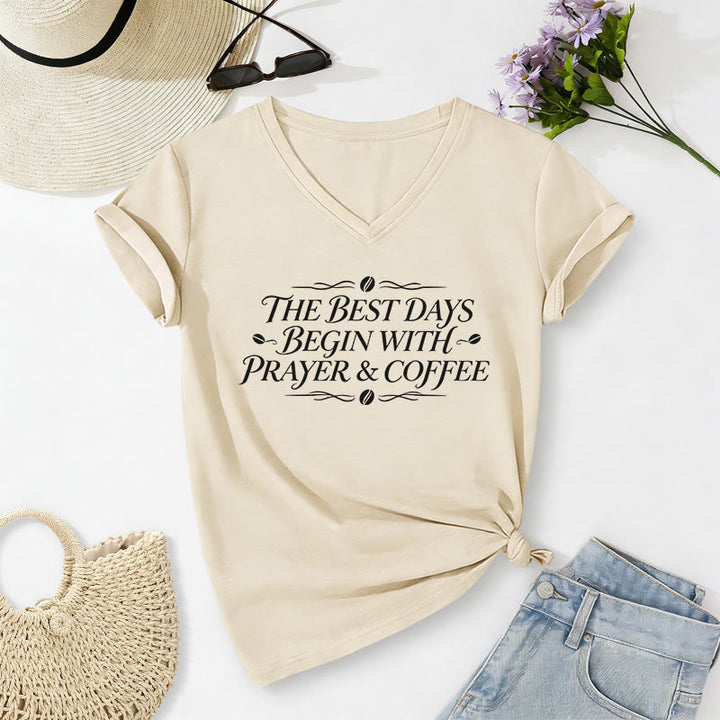 Christianartworkshop The Best Days Begin With Prayer & Coffee Casual V-neck T-shirt - Beige - 2XL - image 6