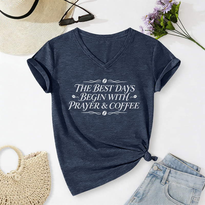 Christianartworkshop The Best Days Begin With Prayer & Coffee Casual V-neck T-shirt - Navy Blue - 2XL - image 0