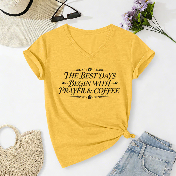 Christianartworkshop The Best Days Begin With Prayer & Coffee Casual V-neck T-shirt - Yellow - 2XL - image 4