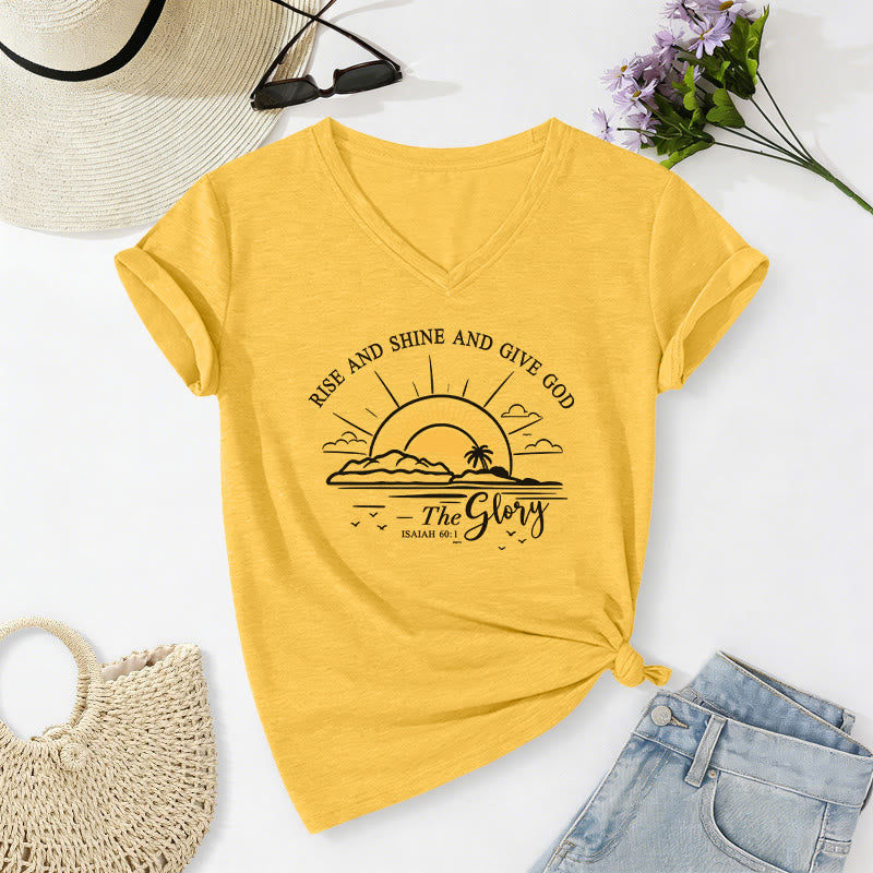 Christianartworkshop Rise and Shine and Give God the Glory Isaiah 60:1 Sunrise Print Casual V-neck T-shirt - Yellow - 2XL - image 2