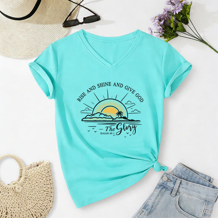 Christianartworkshop Rise and Shine and Give God the Glory Isaiah 60:1 Sunrise Print Casual V-neck T-shirt - Sky Blue - 2XL - image 8