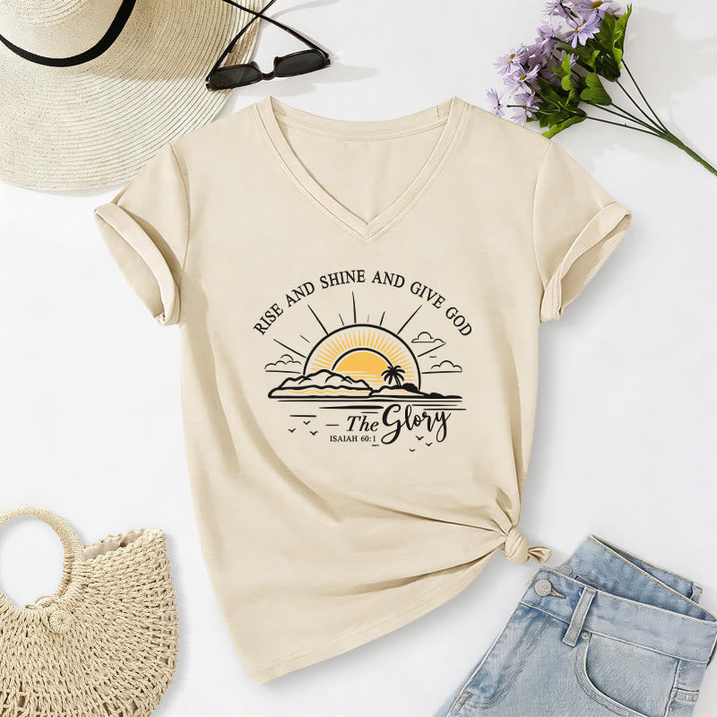 Christianartworkshop Rise and Shine and Give God the Glory Isaiah 60:1 Sunrise Print Casual V-neck T-shirt - Beige - 2XL - image 0