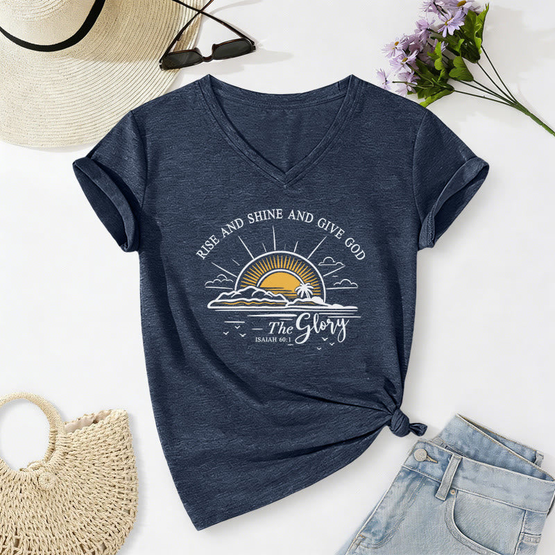 Christianartworkshop Rise and Shine and Give God the Glory Isaiah 60:1 Sunrise Print Casual V-neck T-shirt - Navy Blue - 2XL - image 18