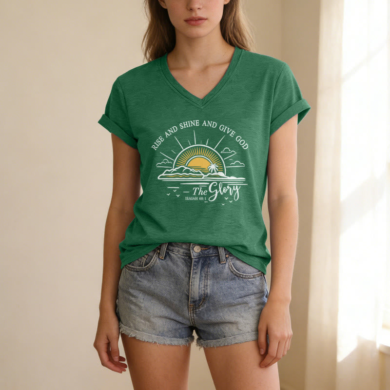 Christianartworkshop Rise and Shine and Give God the Glory Isaiah 60:1 Sunrise Print Casual V-neck T-shirt - image 15