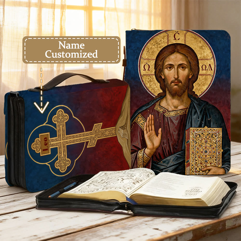 Christianartworkshop Jesus Christ Icon & Ornate Cross Devotional Bible Cover - 2XL - Name Customized - image 0