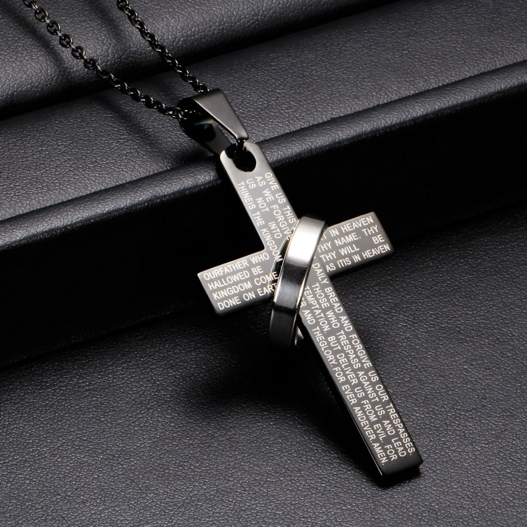 Christianartworkshop Lord’s Prayer Engraved Cross Pendant Necklace with Spinning Ring - Black - image 0