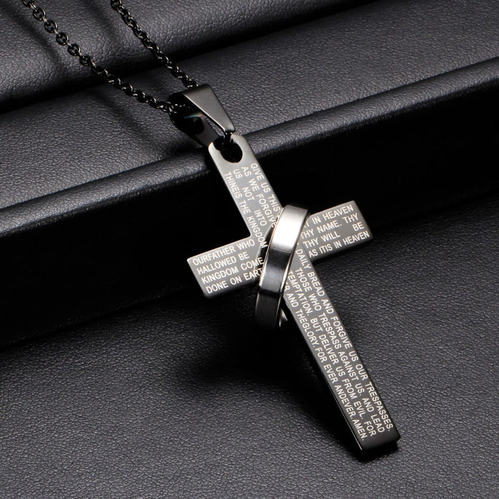 FREE Today: Lord’s Prayer Engraved Cross Pendant Necklace with Spinning Ring - Black - image 0