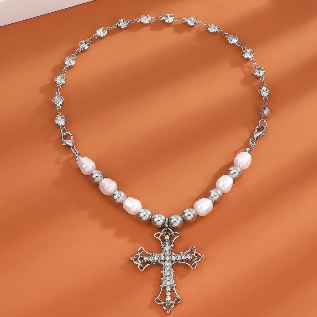 Christianartworkshop Baroque Pearl & Zircon Gothic Cross Necklace: A Symbol of Faith and Romantic Devotion - image 3