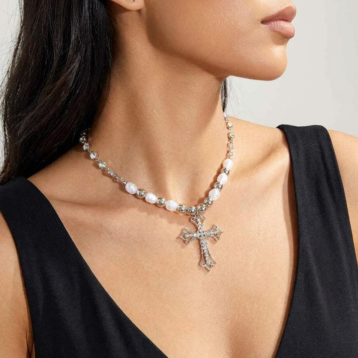 Christianartworkshop Baroque Pearl & Zircon Gothic Cross Necklace: A Symbol of Faith and Romantic Devotion - image 1