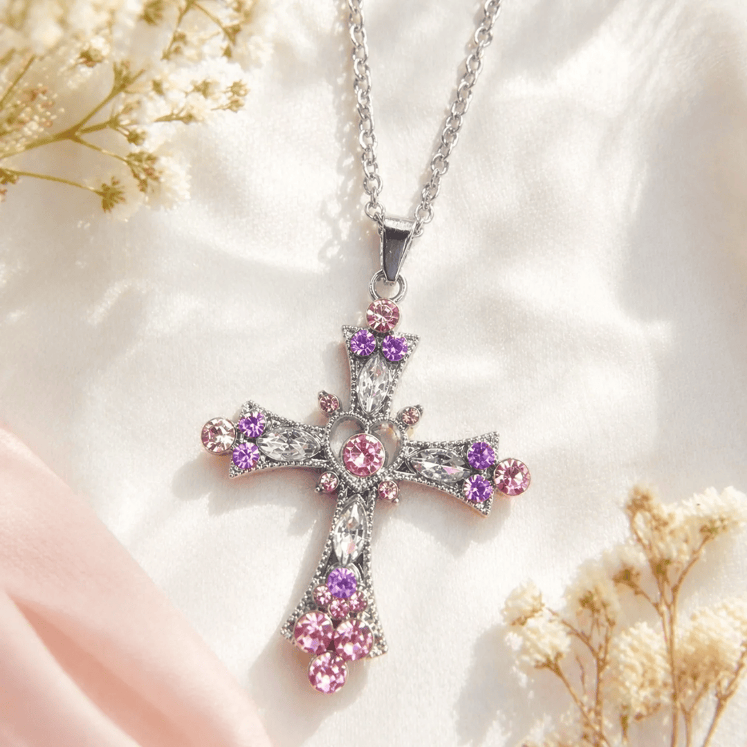 Christianartworkshop Pink & Purple Tone Zircon Cross Necklace with Heart Accent: A Dazzling Symbol of Love and Devotion - Pink & Purple Cross - image 0