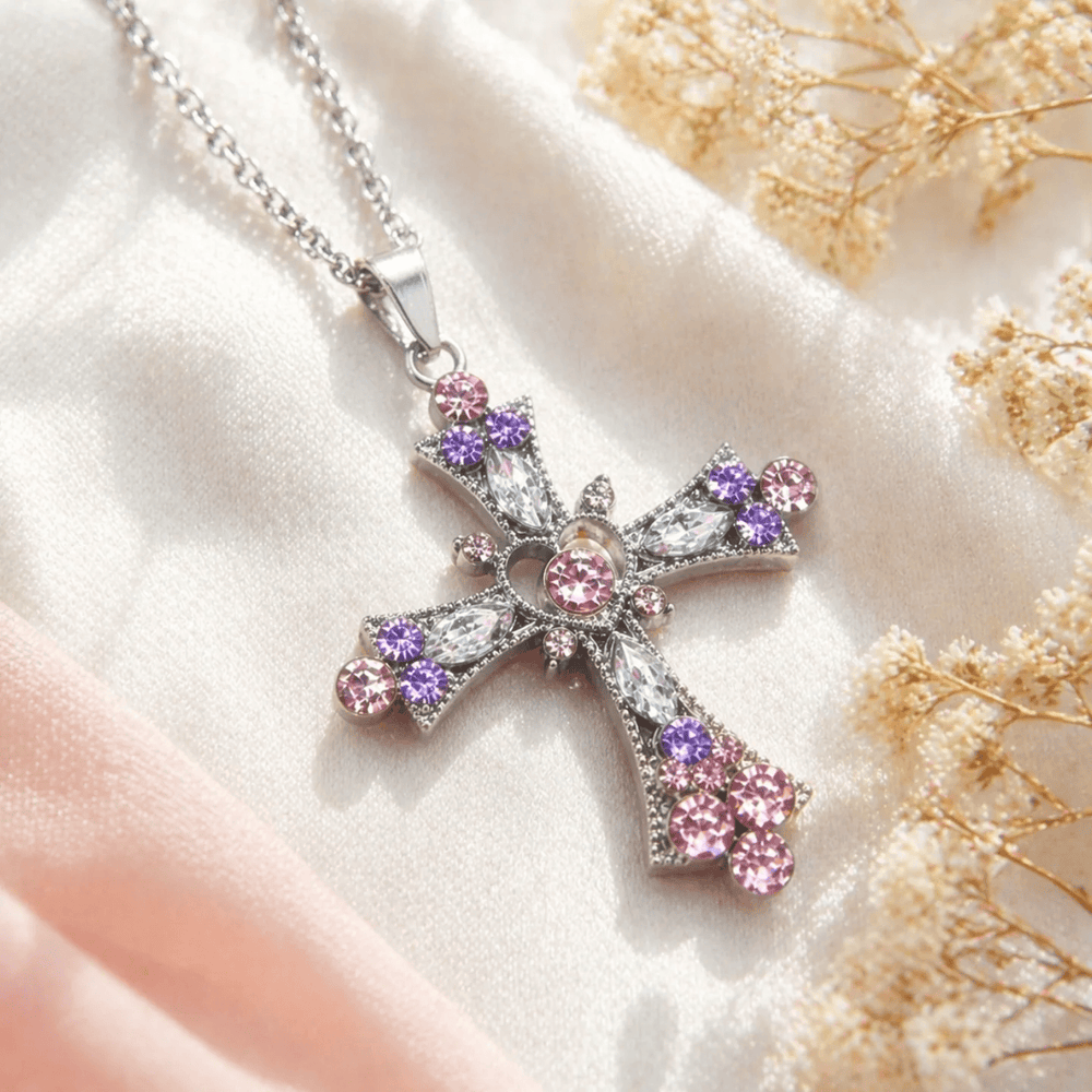 Christianartworkshop Pink & Purple Tone Zircon Cross Necklace with Heart Accent: A Dazzling Symbol of Love and Devotion - image 1
