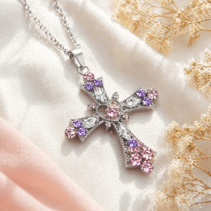 Christianartworkshop Pink & Purple Tone Zircon Cross Necklace with Heart Accent: A Dazzling Symbol of Love and Devotion - image 1