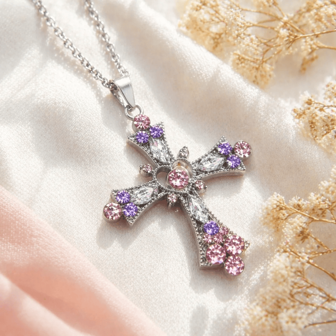Christianartworkshop Pink & Purple Tone Zircon Cross Necklace with Heart Accent: A Dazzling Symbol of Love and Devotion - image 1