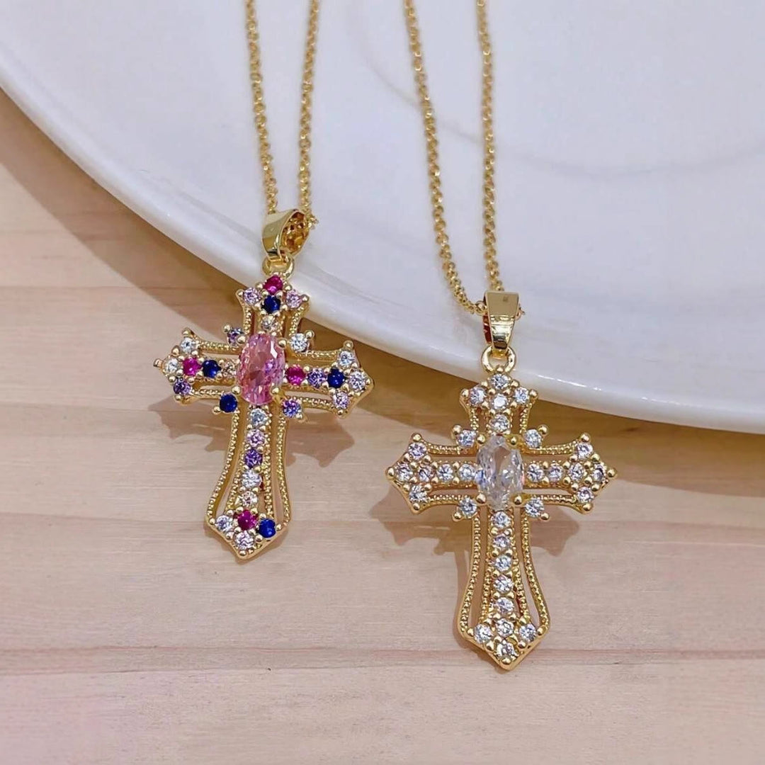 Christianartworkshop Ornate Multi-Color Zircon Cross Pendant Necklace: A Symbol of Vibrant Faith and Divine Light - image 0