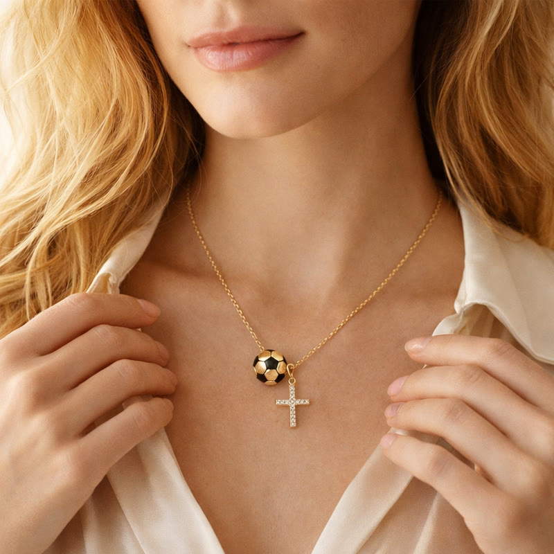 Christianartworkshop Gold-Tone Football/Volleyball Charm & Sparkling Cross Necklace: An Emblem of Faith, Passion, and Team Spirit - image 1