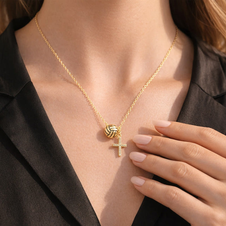 Christianartworkshop Gold-Tone Football/Volleyball Charm & Sparkling Cross Necklace: An Emblem of Faith, Passion, and Team Spirit - Volleyball - image 4