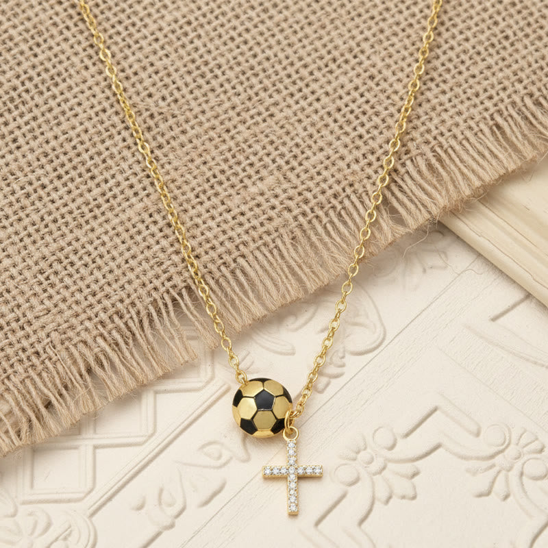 Christianartworkshop Gold-Tone Football/Volleyball Charm & Sparkling Cross Necklace: An Emblem of Faith, Passion, and Team Spirit - Soccer - image 0