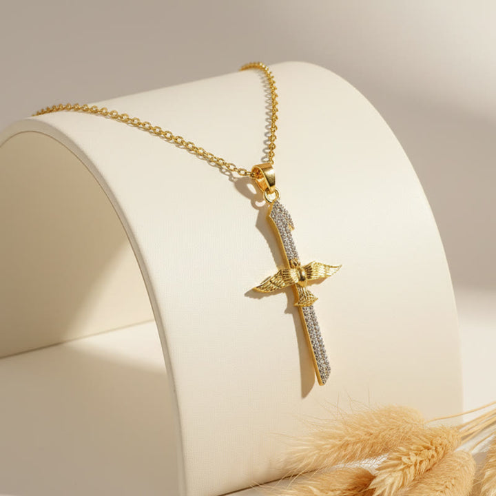 FREE Today: Sparkling Zircon Sword Cross Necklace with Dove Wings: A Reminder of Divine Protection - image 2