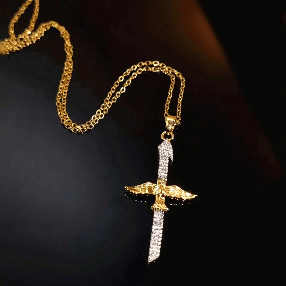 Christianartworkshop Sparkling Zircon Sword Cross Necklace with Dove Wings: A Reminder of Divine Protection - image 1