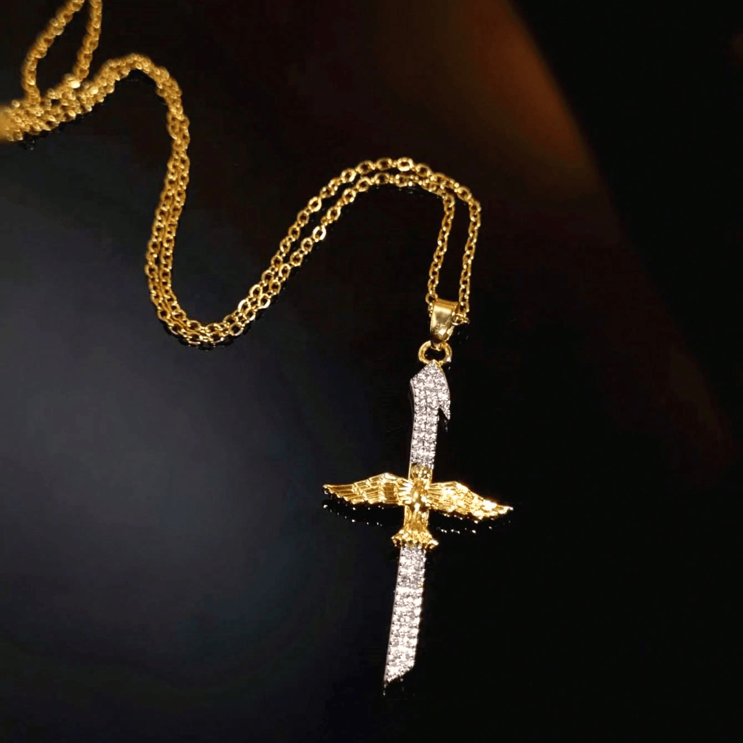 FREE Today: Sparkling Zircon Sword Cross Necklace with Dove Wings: A Reminder of Divine Protection - image 1