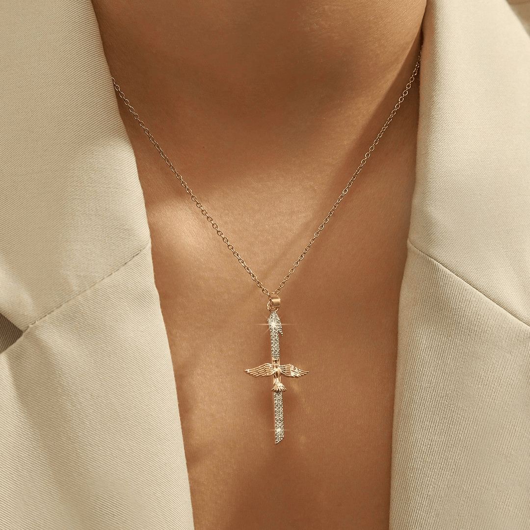 Christianartworkshop Sparkling Zircon Sword Cross Necklace with Dove Wings: A Reminder of Divine Protection - Holy Spirit Cross - image 0