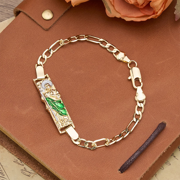 Christianartworkshop Rectangular Devotional Medallion Figaro Chain Bracelet Featuring St. Jude - Green - 21cm - image 0