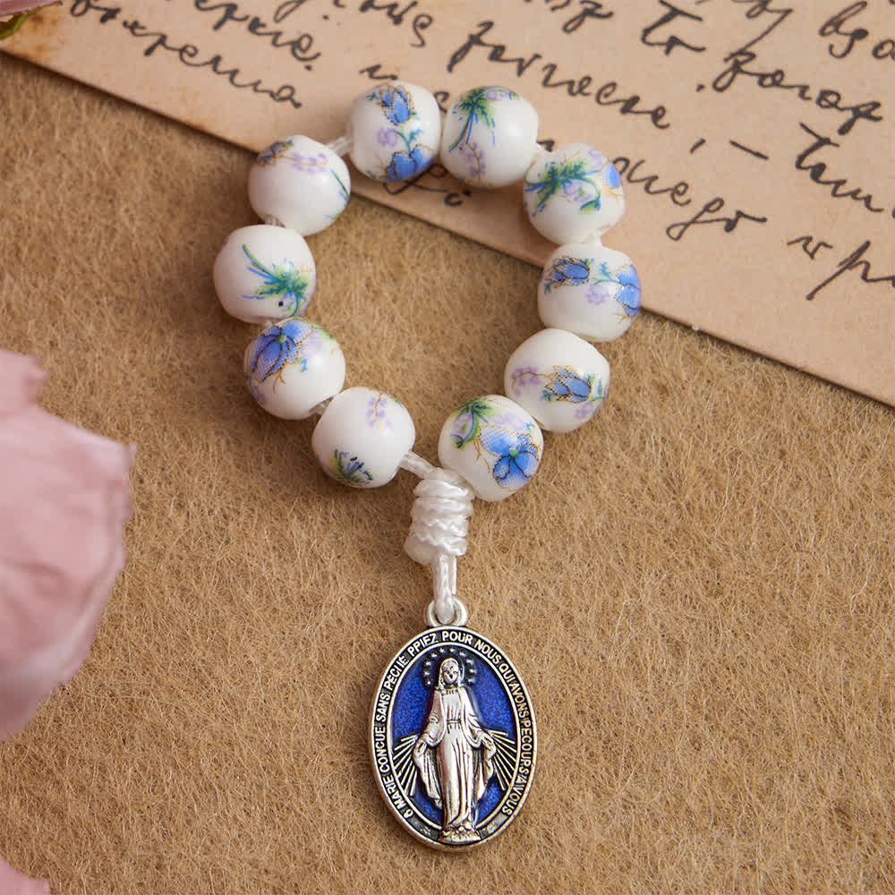 Christianartworkshop Blue Floral Ceramic Finger Rosary with Our Lady Devotion - 10 Pcs - image 0