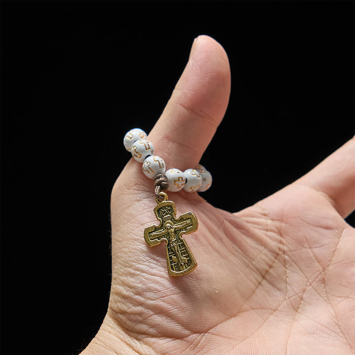 Christianartworkshop White Beads with Golden Cross Finger Rosary with Orthodox Crucifix - image 2