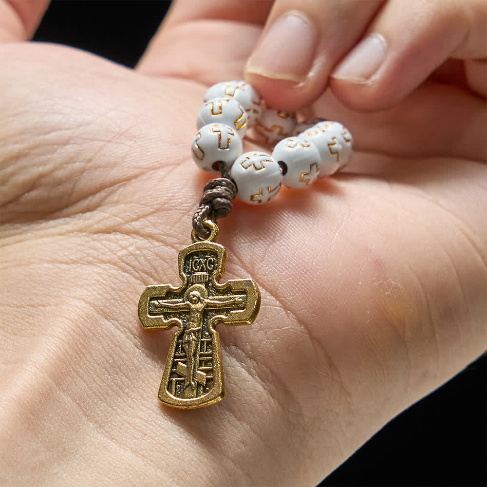 Christianartworkshop White Beads with Golden Cross Finger Rosary with Orthodox Crucifix - image 1