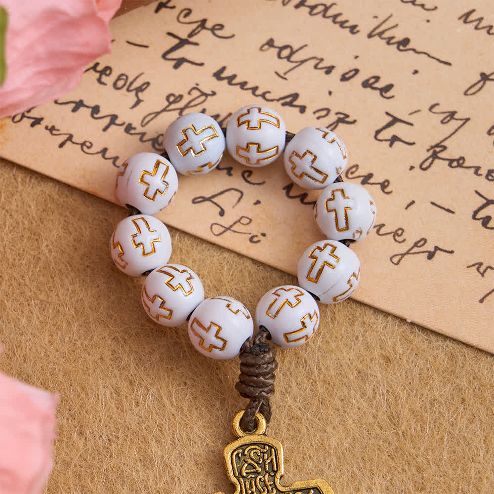 Christianartworkshop White Beads with Golden Cross Finger Rosary with Orthodox Crucifix - image 5
