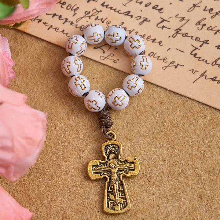 Christianartworkshop White Beads with Golden Cross Finger Rosary with Orthodox Crucifix - 10 Pcs - image 0